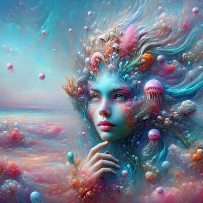 The primary subject of the image is a woman with a flower in her hair, surrounded by a vibrant and colorful environment. The setting includes a sky filled with various shapes and colors, creating a whimsical and surreal atmosphere. The visual style of the image is digital art, with the woman and her surroundings depicted in a vivid and imaginative manner. The colors and mood of the image are predominantly bright and lively, with a sense of wonder and creativity.